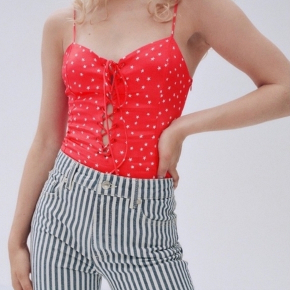 Zara Womens Satin Star Print Red White Stars Lace Up Snap Bottom Bodysuit Size M - Picture 5 of 13